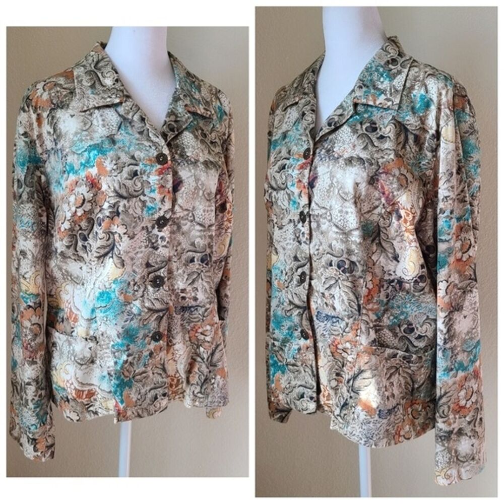 Chicos Floral Jacket 1 / Medium Cotton Spandex Button Up Collar Long Sleeve - Picture 6 of 13